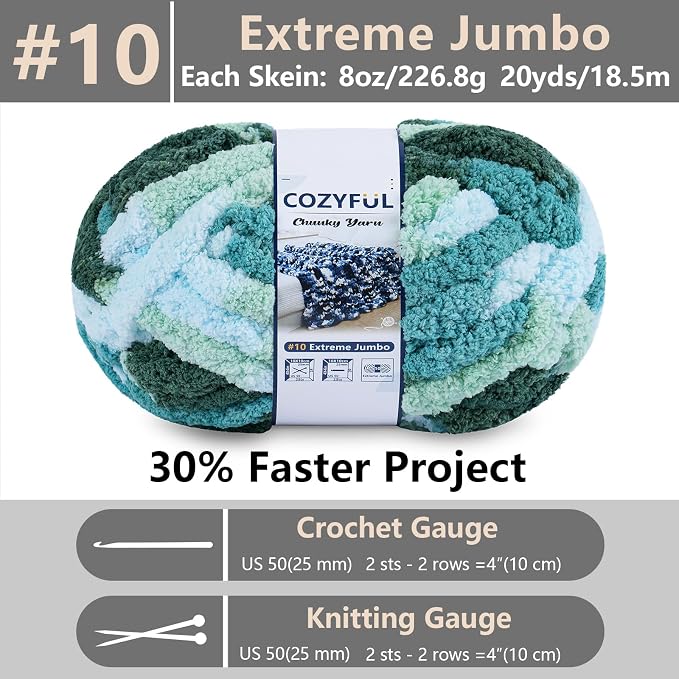 Cozyful Chunky Yarn for Hand Knitting - #10 Chunky Chenille Blanket Yarn, Jumbo Big Thick Chunky Yarns for Crocheting, Tie Dye Bulky Knit Yarns, 8 Skein (20 yds 8 oz Each Skein), Forest&Teal&Sky&Mint