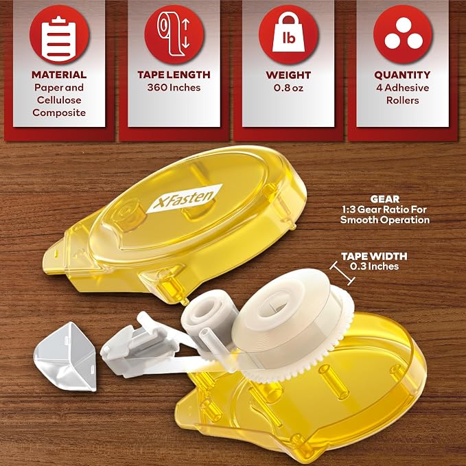 XFasten Double Sided Tape Roller Runner, Yellow, Photo-Safe, Acid-Free 0.3-inch x 360-inch (4-Pack, 1440-inches Total) Glue Tape Roller Gift Wrap Tape for Scrapbooking, Bullet Journal, Photo, Craft