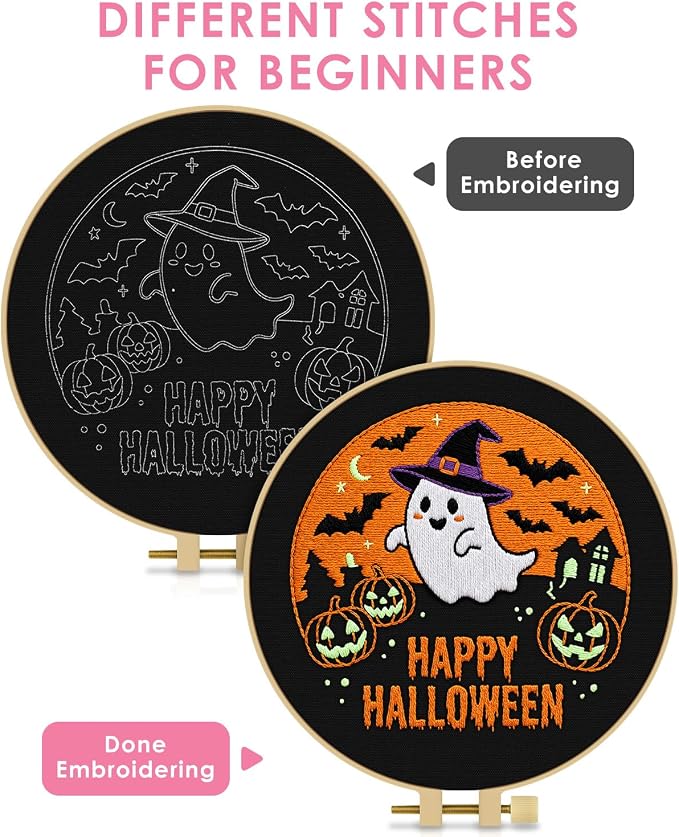 TINDTOP Halloween Embroidery Kit for Adult, Embroidery DIY Starter Kit, with Stamped Patterns, Hoop, Tools, Colorful Threads with Needles, Instructions (Halloween B)