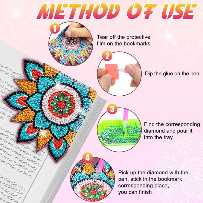 WIVICO 4Pcs Diamond Painting Bookmarks, Diamond Pearl Art Kits for Adults | DIY Diamond Dots Paint By Numbers Kit,Gifts for Book Lovers(Mandala B)