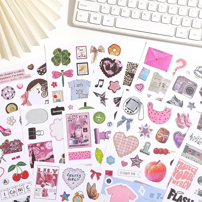 1200Pcs+ Aesthetic Sticker Book, Sweet Cool Y2K Pink Decorative Stickers for Journal Scrapbook Craft Supplies for Adults Teens Girls