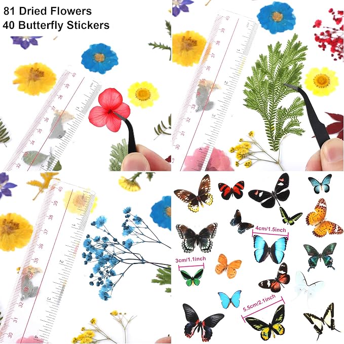 Augshy Real Dried Pressed Flower Set with Butterfly Transparent Stickers Scrapbook Decals Natural Dried Flowers Leaves with Tweezers for Resin Supplies DIY Candle Jewellery Making