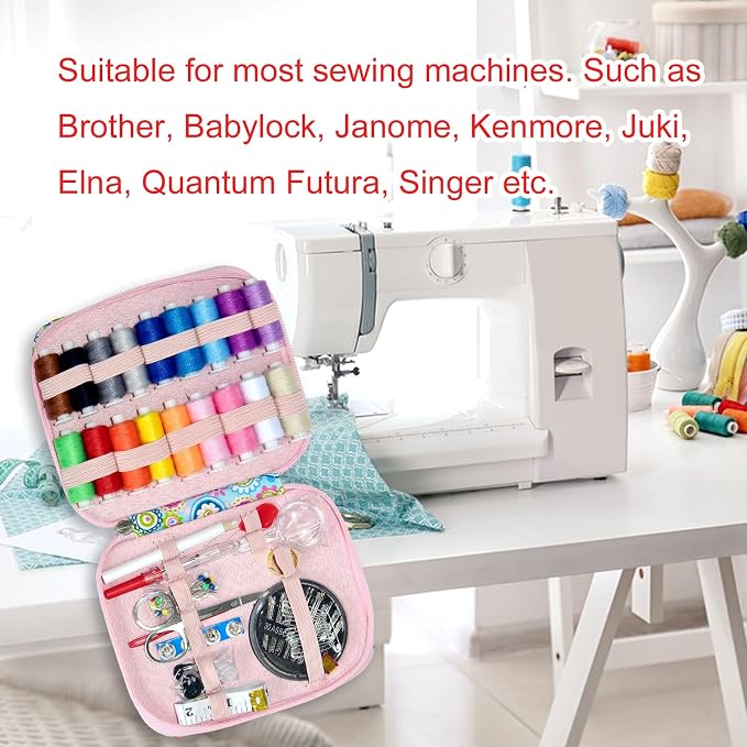 Sewing Kit with Case Portable Sewing Supplies for Home Traveler, Adults, Beginner, Emergency, Contains 18 Sewing Thread, Scissors, Needles, Measure etc,Black (Blue Flowers）