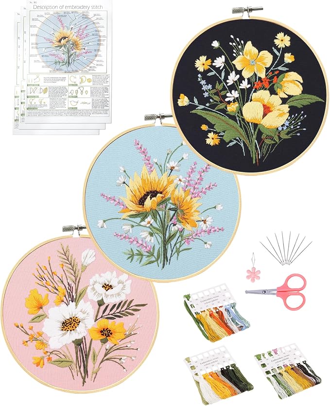 Santune 3 Pack Flower Embroidery Kit for Beginners Adults Cross Stitch Needlepoint Kits Hand Craft with Plant Patterns,3 Instructions,1 Hoop,Threads and 6 Needles