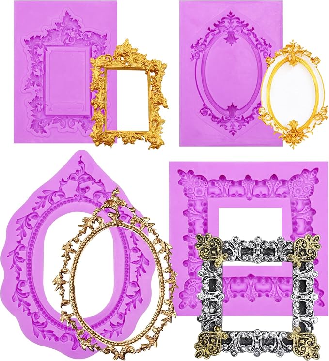 Silicone Picture Frame Molds, Vintage Ornate Baroque Fondant Molds, for Resin Casting and Chocolate Cake Decoration Set of 4