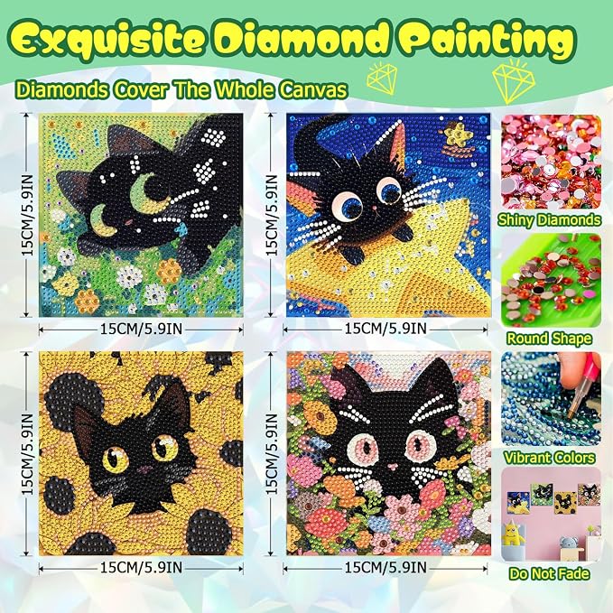 ICYANART 4 Pack Cat Diamond Art Painting Kits for Kids Age 6-8-12 6x6 Inch | Cat Diamond Art Painting Kits for Kids Ages 6-8-12, Small Diamond Art Kids, Simple Art and Craft for Kids(no Frame)
