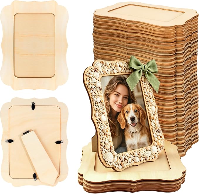 VOKOY 50 Pack DIY Wooden Picture Frames for Crafts,Vintage Wave Shape | DIY Wood Craft Picture Frames for 4" x 6" Photos,Unfinished Standing Wood Photo Frame,Wood Decorate for Birthday Party Gifts