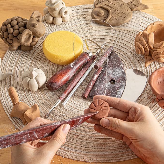 8PCS Stained Wooden Pottery Sculpting Tools, Wood Clay Cleaning Tool Set, Ceramic Modeling Tool for Carving, Molding, Cutting, Trimming, Pottery Wheel, Crafting, Beginners, Adults, Students