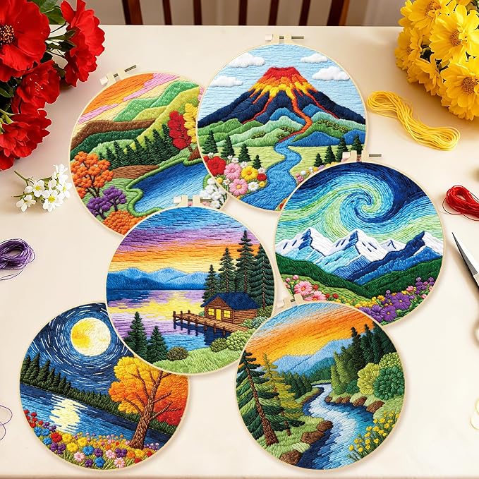BEUNITONE 6 Pack Hand Embroidery Starter Kit for Adults with Pre-Print Scenery Pattern, Needlepoint Kits with Embroidery Hoop and Instructions, DIY Funny Craft Kits for Gifts and Home Decor