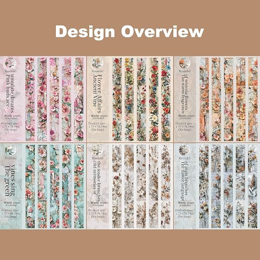 Vintage Floral Washi Tape Set – 6 Rolls, 2M Non-Repeating Flower Collage Designs, Decorative Craft Tape for Scrapbooking, Journals, Planners with Accessory Clip Included