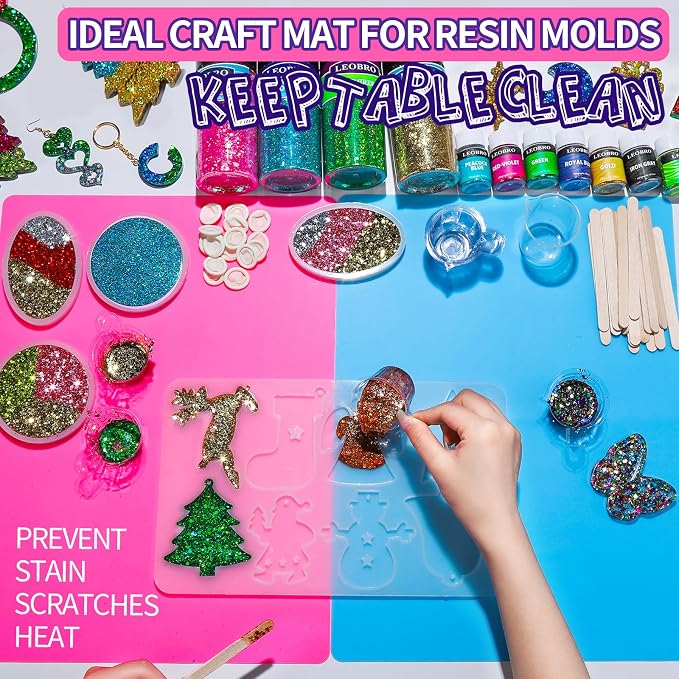 LEOBRO Silicone Mat for Resin Molds, 2 PCS 15.7" x 11.7" Playdough Mat, Silicone Mats for Crafts, Jewelry Resin Molds Mats, for Clay, Paint, Blue & Rose Red