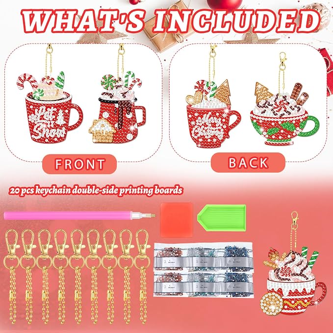 Tondiamo 20 Pcs Christmas Diamond Painting Keychain Kits with Tools Hot Cocoa Themed Art Key Chain Craft Kits Merry Christmas Cute Hanging Handmade 5D Art and Craft Supplies Accessories