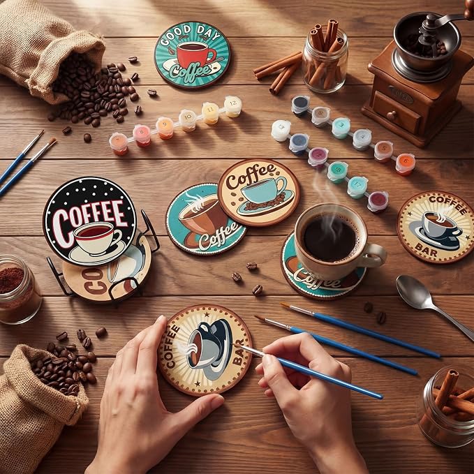 Reallnaive 8 Pcs Coffee Paint by Numbers Kit for Adults Wooden Coaster | Mini Paint by Numbers, Tiny Brown Round Oil Painting Drink Coaster with Holder, for Small DIY Craft Birthday Gift