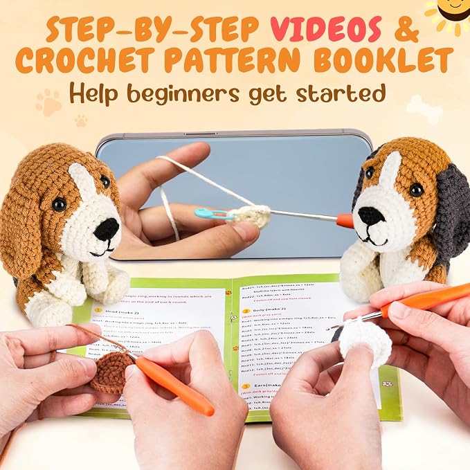 Crochetta Crochet Kit for Beginners, Beginner Crochet Kit for Adults with Step-by-Step Video Tutorials, DIY Crochet Animal Kits Knitting Supplies, 2 Pack Beagle Family (40%+ Yarn)