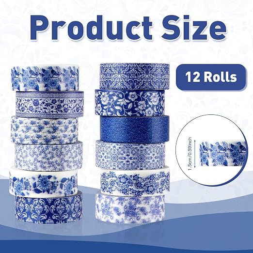 12 Roll Floral Washi Tape Set Flower Decorative Masking Tape for Scrapbook | Blue-and-White Porcelain in Chinese Style Washi Tape Set for Back to School Arts DIY Craft Scrapbook Journal Supplies Gifts
