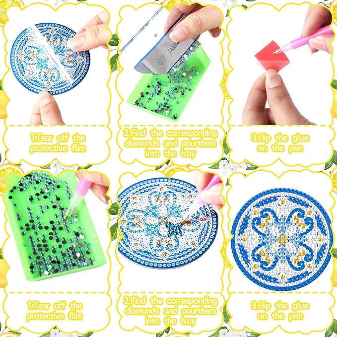 Zonon 12 Pcs Diamond Art Magnets Kit Lemon Mediterranean DIY Blue Yellow | Italian Capri Tiles Lemons Iris, Summer Fridge Decor, Diamond Painting Kit for Kitchen Amalfi Mediterranean Theme