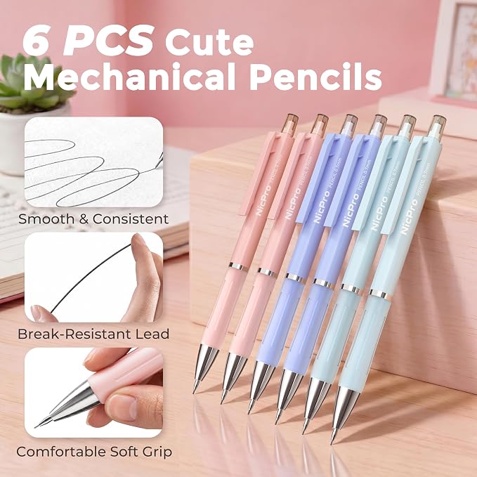 Nicpro Cute Mechanical Pencil, 0.7mm Pastel Pencils for School-6 Pack