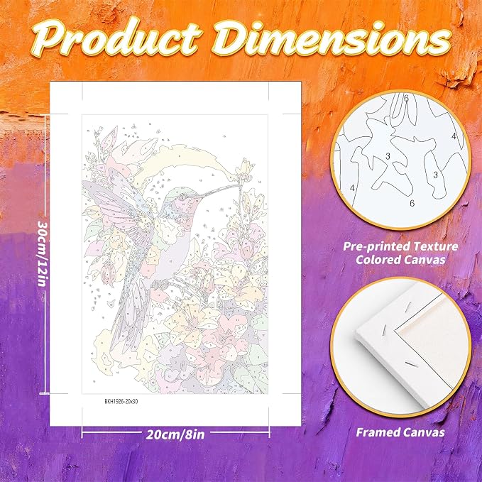 Gemozaic Hummingbird Framed Paint by Numbers Kit for Adults, 8 x 12 Inch | Bird Paint by Number for Adults on Canvas with Frame & Wooden Easel, DIY Acrylic Painting for Home, Office, Wall Decor, Gift