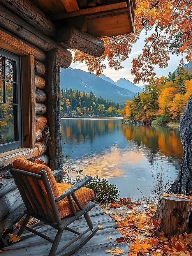 Accompany Wind Autumn Landscape Diamond Art Kits for Adults, 5D Mountains Lake Diamond Painting Kits for Beginners,DIY Round Full Drill Diamonds Gem Art Crafts for Home Wall Decor Gifts 12x16 Inch
