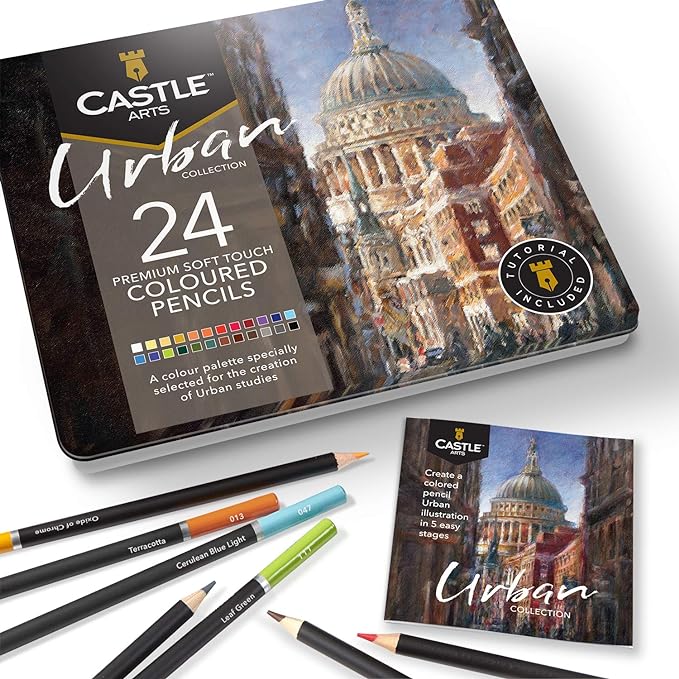 Castle Art Supplies - Urban Sketching 24 Colored Pencil Set in Tin Box, Premium Quality, Smooth Pigmented Cores, Perfect for Cityscape Art