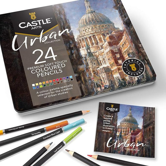 Castle Art Supplies - Urban Sketching 24 Colored Pencil Set in Tin Box, Premium Quality, Smooth Pigmented Cores, Perfect for Cityscape Art