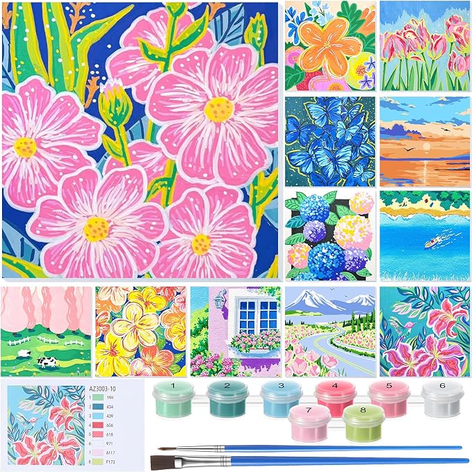 Nezyo 12 Sets Paint by Numbers with Frame for Adults, DIY Acrylic 8x8in | Beginner-friendly Canvas Kits, Party Activity or Birthday Gifts, Includes Brushes with Paints, Pre-framed Ready to Hang