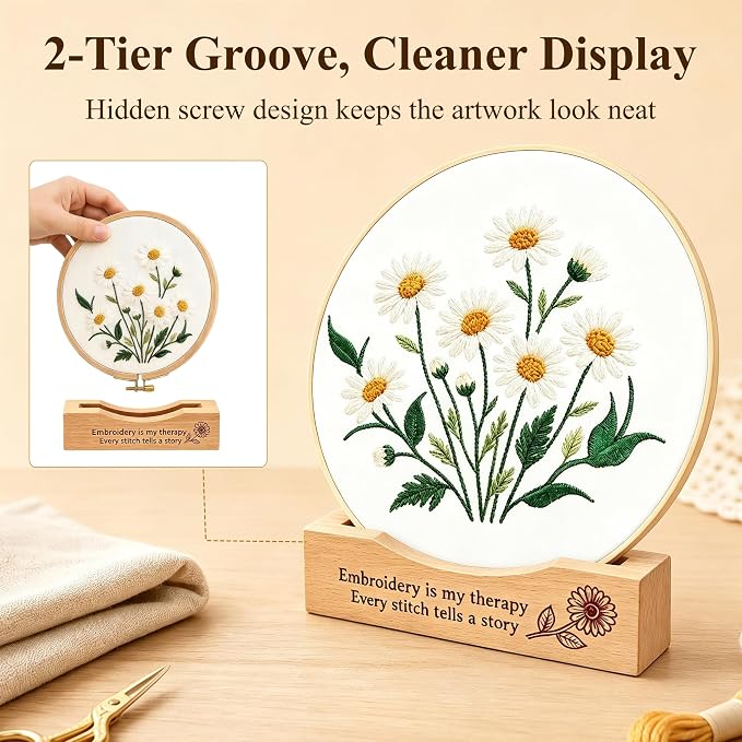PXIRQ 2-Pack Embroidery Hoop Display Stand – 2‑Tier Grooved Frame Holder Wooden Base for Showcasing Finished Embroidery Art, Cross-Stitch Projects & Needlework, Home Decor & Craft Fairs Accessories