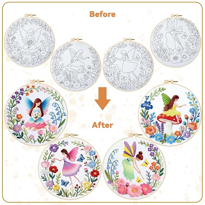 BEUNITONE 4 Set Fairy Patterns Embroidery Kit for Beginners 7.9"x7.9" DIY Complete Needlepoint Kits for Adults, Cross Stitch Starter Kit with Hoops and Instructions, Handmade Gifts for Home Decor