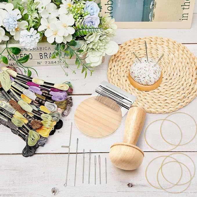 Jexine Mini Darning Mushroom for Socks 21 Hooks Small Speedweve Style Weaving Darning Loom with 9 Pcs Large Eye Needles 50 Colors Thread for Handcraft DIY Weaving Repair Tool
