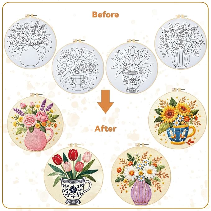 BEUNITONE 4 Set Embroidery Kits for Beginners, Flower Arrangement Design with Pre-Stamped Pattern Craft Kits Include Instruction and Hoops, 7.9x7.9 Needlepoint Kits for Festival Gifts and Home Decor