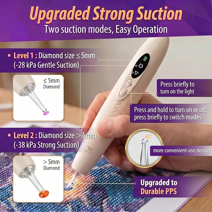 RHYNIC Electric Diamond Art Pens with Light, Diamond Art Kits for Adults, Wireless & Rechargeable Diamond Painting Pen, 2 Suction Levels, Ergonomic Grip, Quiet Diamond Painting Accessories and Tools