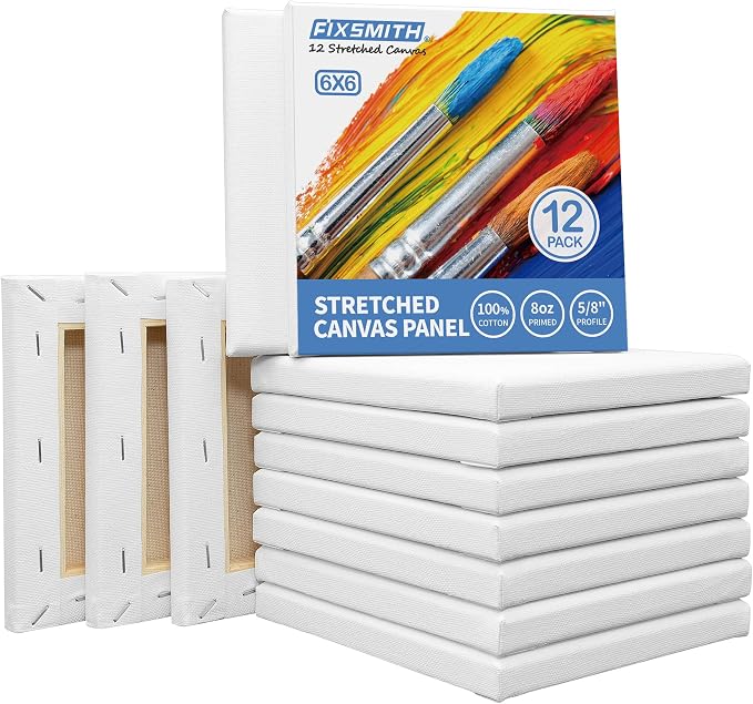 FIXSMITH Stretched Canvas for Painting - 6x6 White Canvas Bulk Pack of 12,Primed,100% Cotton,5/8 Inch Profile of Super Value Pack for Acrylics,Oils & Other Painting Media.