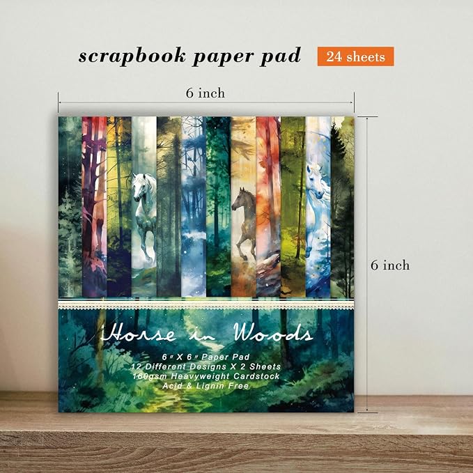 Forest Aesthetics Scrapbooking Paper Pad - 24 Sheets 6'' x 6'' Horse Patterns Designed Cardstock for Junk Journals Decoupage Diary Supplies DIY Crafts Gift Folded Wrapping Material