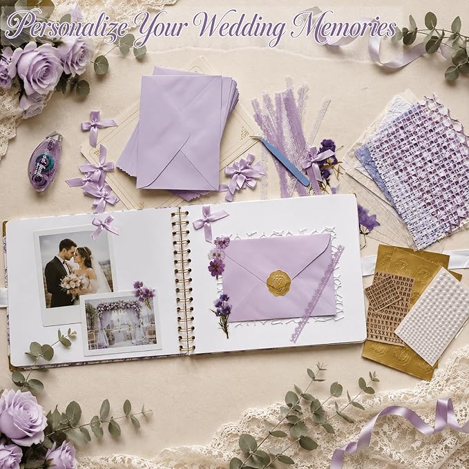 Ratutodax Letters to The Bride Scrapbook Kit,10"x8" DIY Wedding Guest Book | Purple Floral;Lay-flat gold coil design;50 blank pages of 180gsm;Fits 5" x 7" photos;160+ accessories;Bridal Shower Gift