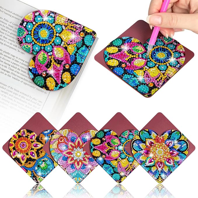 WIVICO 4Pcs Diamond Painting Bookmarks, Diamond Pearl Art Kits for Adults | DIY Bookmark,Diamond Dots Paint By Numbers Kit,Gifts for Book(Heart)