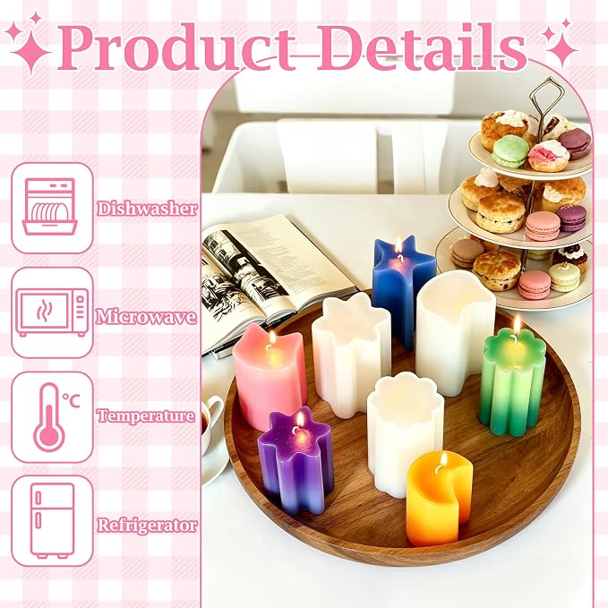 8PCS Reusable Silicone Candle Molds Set - Prism/Square Pyramid/Cloud/Pentagon/Hexagon/Flower/Cat Shapes for DIY Candle Making, Soap, Resin Crafts, Easy Release Candle Making Kit