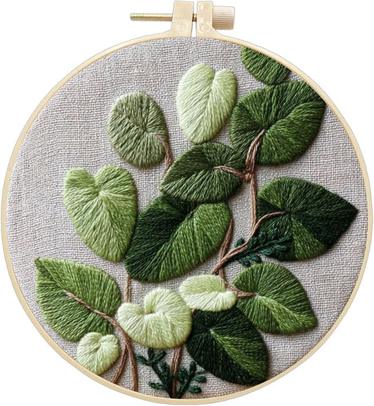 FONNUY Green Plants Embroidery Kit, Cross Stitch Kits for Beginners, Handmade Crafts with Printed Patterns for Beginner Adults, Easy to Follow Color Thread Needlework, 8'' Hoop (Luxuriant)