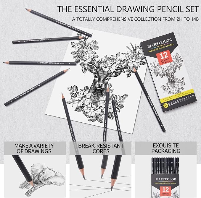 MARTCOLOR Drawing Sketching Pencils Set, 12 Pack Graphite Pencils(14B - 2H) | Ideal for Drawing Art, Sketching, Shading, Artist Pencils for Beginners & Pro Artists