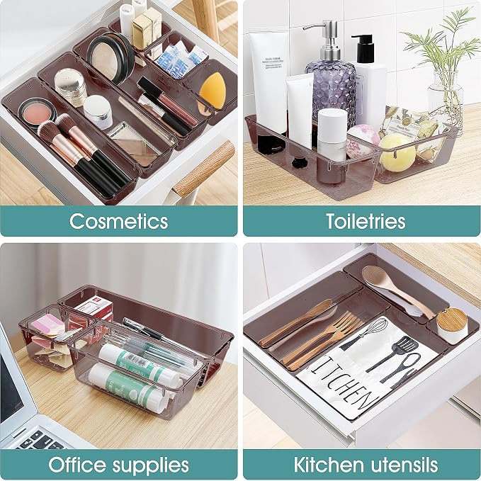 25 PCS Plastic Drawer Organizer Set, Makeup Organizers and Storage Bins | 4 Sizes Desk Drawer Divider Organizers and Storage Bins for Jewelry, Gadgets for Kitchen, Bedroom, Bathroom, Brown
