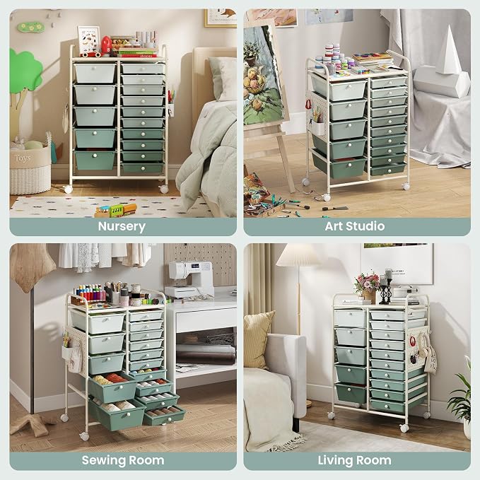 Giantex 15 Drawer Storage Cart, Rolling Craft Cart with Metal Tabletop & Pegboard, Mobile Utility Organizer Trolley with Locking Wheels, Home Office, Classroom, Teacher Supplies, Green Gradient