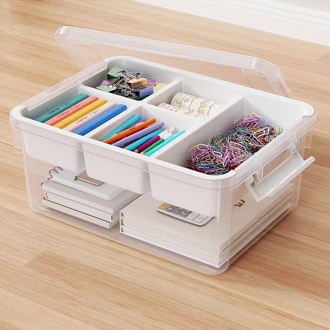 20Qt Stackable Storage Bin with Lid Tray Craft Box Organizer, 1Pack,WH