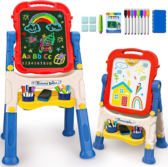 Kids Easel for Toddlers Age 3-4 Art Magnetic White Board & Chalkboard Double Side Adjustable Stand Art Easel Drawing Writing Learning Educational Toys for 3 4 5 Year Boys Girls Birthday Gifts
