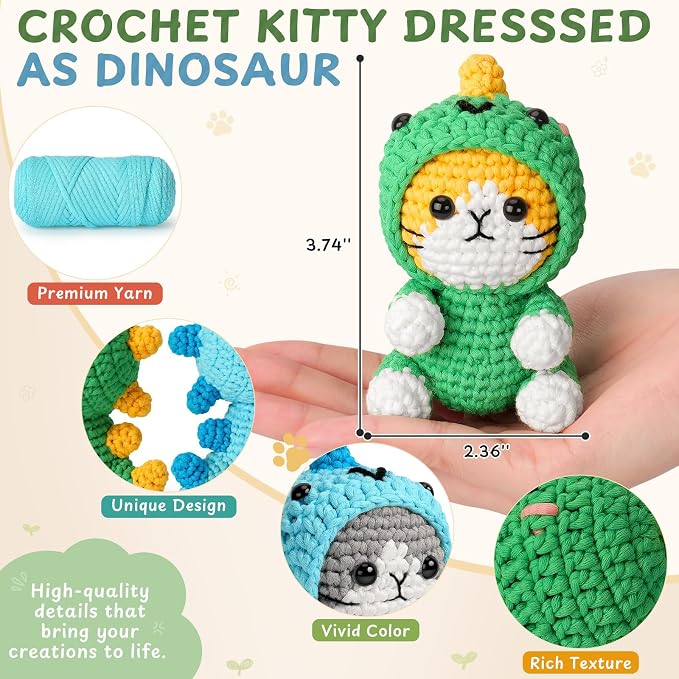 Fortuning's JDS Crochet Kit for Beginners, 2 Pack Dinosaur Cat Crochet Kit