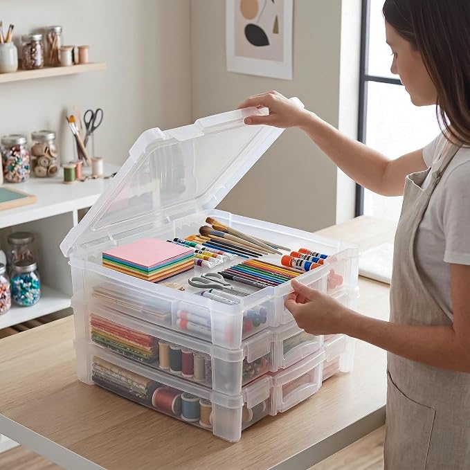 ArtBin 6913ZZ 12" x 12" Portable Art & Craft Organizer with Handle 3-Pack, [3] Plastic Storage Cases, Clear