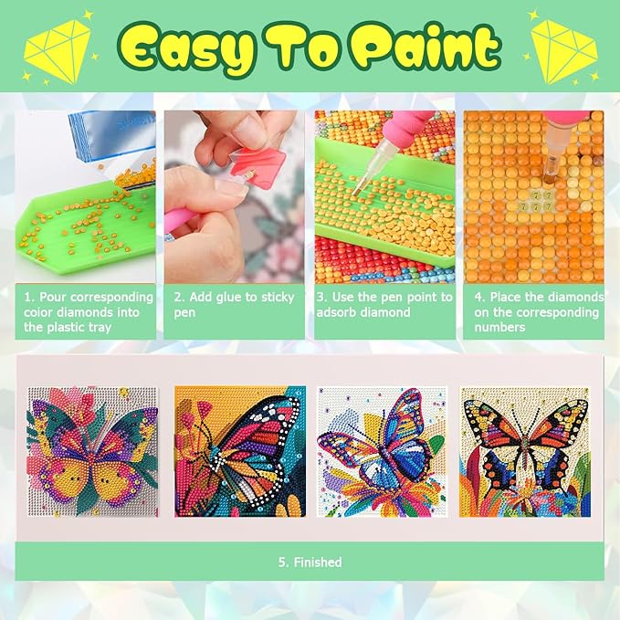ICYANART 4 Pack Butterfly Diamond Art Painting Kits for Kids 6x6 Inch | Butterfly Diamond Art Kits for Kids Ages 6-8-12, Small Diamond Art Kits for Kids, Easy Art and Craft for Kids (no Frame)