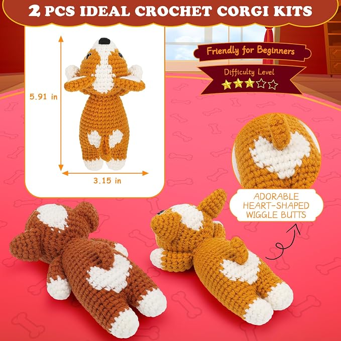 Fortuning's JDS Crochet Kit for Beginners, 2 PCS Corgi Crochet Kits