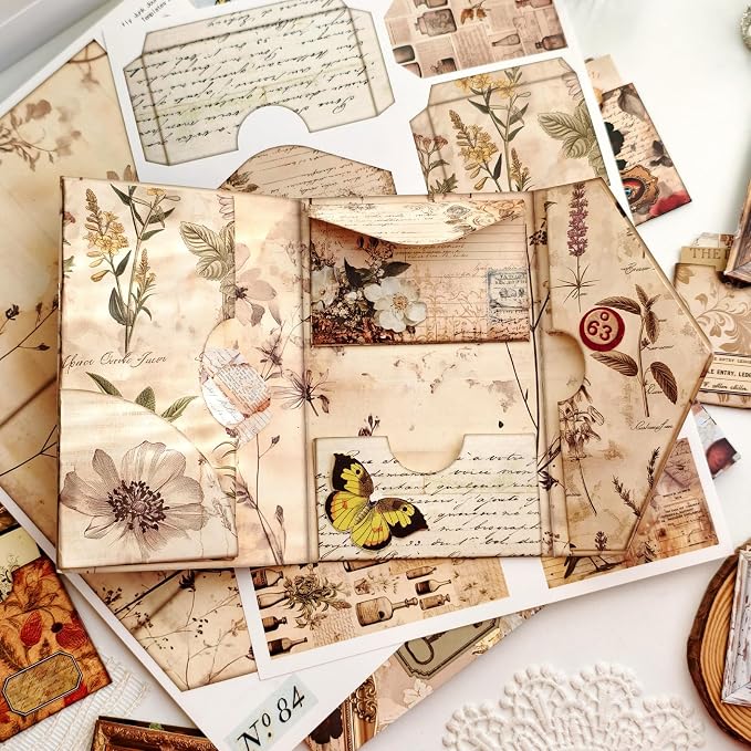 Vintage Junk Journal Kit with DIY Ephemera Storage and Accordion Pockets,11 Sheets Cardstock Pieces for Art Journaling, Scrapbooking and Mixed Media Crafts