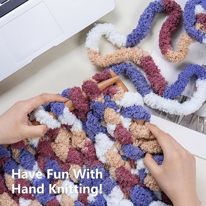 Cozyful Chunky Yarn for Hand Knitting - #10 Chunky Chenille Blanket Yarn, Jumbo Big Thick Chunky Yarns for Crocheting, Tie Dye Bulky Knit Yarns, 8 Skein (20 yds 8 oz Each Skein), Multi Blue&Red&Khaki