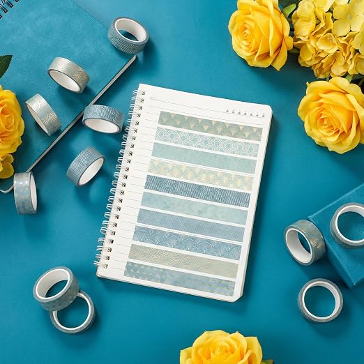 12 Rolls Floral Washi Tape Set,Teal Color,Art Deco | Watercolor Flowers Design for Scrapbook Journal DIY Craft School Supplies, 15 mm Vintage Decorative Masking Washi Tapes