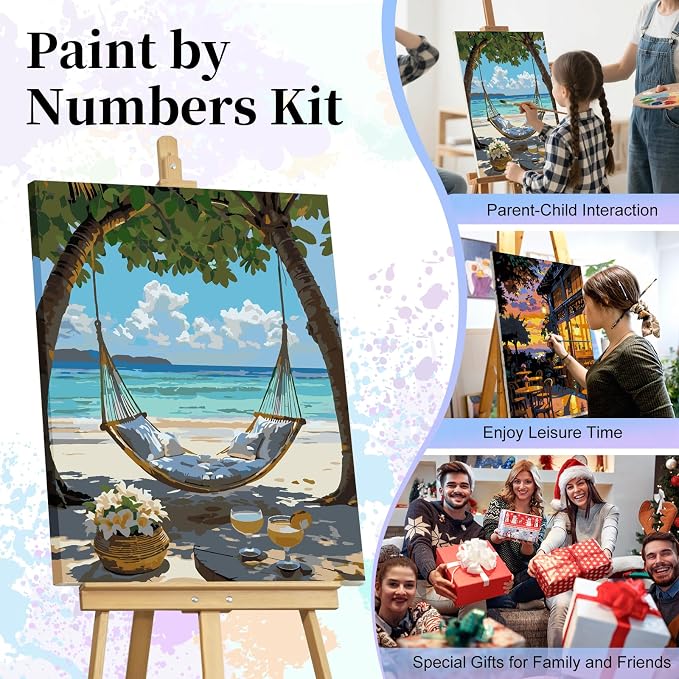 Paint by Numbers Kit for Adults, Hammock Beach Number Painting Canvas Kit | DIY Acrylic Painting Set for Beginners, Stress Relief Relaxing Craft, Home Wall Decor, Holiday Gift for Adults, 16x20 Inch